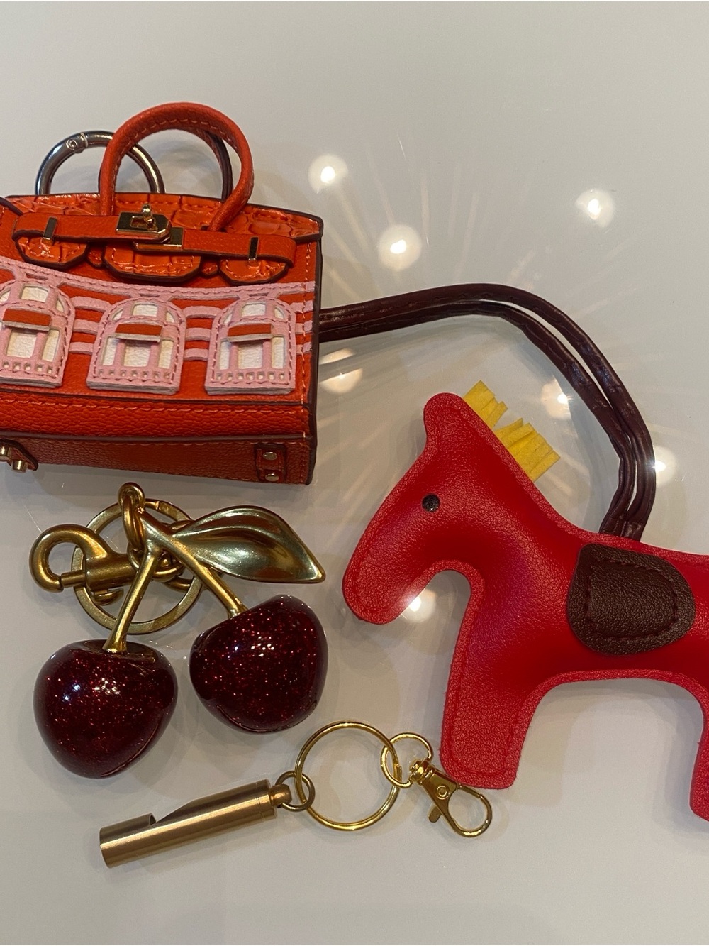 Designer Style Bag Charm & Keyring Bundle - Mini Micro Tote, Horse Charm & Cherr